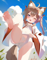 +_+ 1girl ahoge animal_ear_fluff animal_ears barefoot brown_hair cat_ears cat_tail fang feet flat_chest hair_ornament hair_ribbon highres japanese_clothes leg_up loli maebari navel no_panties nontraditional_miko one_eye_closed original purple_eyes ribbon sakutaishi shorts soles tail toes two_side_up upshorts wide_sleeves  rating:Questionable score:153 user:danbooru