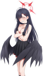  1girl black_choker black_gloves black_hair black_skirt black_wings blue_archive blush breast_hold breasts choker closed_eyes collarbone covering_breasts covering_privates embarrassed feathered_wings gloves grin hair_ornament hairclip halo highres ichika_(blue_archive) long_hair low_wings mikazuchi_zeus pleated_skirt red_halo school_uniform skirt smile solo standing teeth topless wings 
