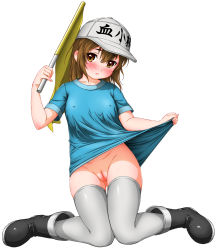 10s 1girl blue_shirt blush bottomless brown_eyes brown_hair cleft_of_venus clothes_lift collarbone covered_erect_nipples female_focus flag flat_chest full_body hat hataraku_saibou highres himadarou holding holding_flag lifting_own_clothes loli long_hair looking_at_viewer no_panties platelet_(hataraku_saibou) pussy shirt shirt_lift short_sleeves simple_background solo thighhighs uncensored white_background white_hat