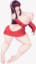  1girl ass bad_anatomy barefoot black_hair blush breasts butt_crack earrings hairband highres huge_ass huge_breasts jewelry long_hair looking_back meme_attire nipples off-shoulder_sweater off_shoulder red_eyes red_sweater ricechan sidelocks solo spy_x_family sweater thighs underwear undressing virgin_killer_sweater white_background yor_briar  rating:Questionable score:70 user:Vardigiil
