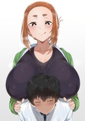  1boy 1girl :q absurdres adashino_ren black_tank_top breasts breasts_on_shoulders brown_eyes brown_hair collarbone covered_erect_nipples front-to-back green_hoodie hair_bun hands_on_another&#039;s_shoulders height_difference highres hood hoodie huge_breasts kaii_to_otome_to_kamigakushi micchan_(micchanmeido) mole mole_under_eye ogawa_sumireko short_eyebrows short_hair sweat tank_top thick_eyebrows tongue tongue_out white_background 