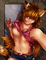  absurdres animal_ears cat_ears cat_tail clothes_lift green_eyes highres long_hair orange_hair shirt_lift shorts smile tail  rating:Questionable score:2 user:Brahaun
