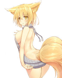 1girl alternate_costume animal_ears backless_dress backless_outfit bare_arms bare_back bare_shoulders blonde_hair blush breasts cowboy_shot dress fox_ears fox_tail from_side halterneck large_breasts liya looking_at_viewer looking_to_the_side meme_attire multiple_tails naked_sweater no_headwear no_panties parted_lips revealing_clothes ribbed_sweater short_dress sideboob simple_background slit_pupils solo sweater sweater_dress tail touhou turtleneck turtleneck_sweater virgin_killer_sweater white_background yakumo_ran yellow_eyes rating:Questionable score:26 user:danbooru