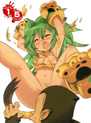1girl animal_ears animal_hands animal_print blade_(galaxist) cat_ears cat_tail cham_cham closed_eyes convenient_censoring covered_erect_nipples fang gloves green_eyes green_hair highres long_hair monkey no_panties open_mouth paku_paku paw_gloves paw_shoes queen&#039;s_blade queen&#039;s_gate samurai_spirits shoes snk sweat tail tears tiger_print torn_clothes rating:Questionable score:31 user:danbooru