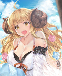  1girl ahoge anila_(granblue_fantasy) anila_(summer)_(granblue_fantasy) bare_shoulders bikini blonde_hair blue_sky breasts cleavage cloud cloudy_sky collarbone commentary_request day draph flower granblue_fantasy hair_flower hair_ornament highres horns large_breasts long_hair looking_at_viewer open_mouth outdoors ryuushou sheep_horns short_eyebrows sky solo swimsuit teeth tongue upper_body upper_teeth_only wavy_hair white_bikini yellow_eyes 