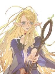  1girl absurdres ambrosia_(dungeon_meshi) blonde_hair braid chinese_commentary choker collarbone commentary_request dress dungeon_meshi floating_hair green_eyes highres holding holding_staff lccc leaf long_hair looking_at_viewer marcille_donato outstretched_arm purple_dress red_choker serious simple_background single_braid solo staff straight-on swept_bangs upper_body white_background wide_sleeves wind 