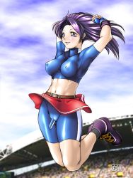  1girl asamiya_athena belt blush breasts covered_erect_nipples flaccid futanari gloves jumping long_hair parted_lips penis purple_eyes purple_hair qkat_(arikawa-dou) skirt smile snk socks solo stadium tennis_shoes the_king_of_fighters the_king_of_fighters_2002  rating:Explicit score:8 user:shinshishioh