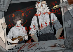  2boys aak_(arknights) arknights black_background black_eyes black_pants braid character_name chinese_commentary circled coin colored_sclera colored_tips commentary_request earrings fang fang_out furry furry_male highres holding holding_instrument holding_violin horns hung_(arknights) instrument jewelry komainu_boy komainu_ears komainu_tail letter looking_at_another male_focus mianbao_gou_2_hao multicolored_hair multiple_boys nib_pen_(object) orange_eyes pants paper pen photo_(object) rhodes_island_logo_(arknights) shirt single_horn sleeves_rolled_up slit_pupils suspenders sweatdrop violin white_shirt yellow_sclera 