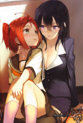 2girls absurdres age_difference ahoge black_hair blush breasts cleavage couple eye_contact garter_straps glasses green_eyes hair_between_eyes hand_on_another&#039;s_neck hand_on_neck highres large_breasts long_hair looking_at_another multiple_girls non-web_source orange_hair original pencil_skirt purple_eyes red_hair scan school_uniform serafuku shirabi short_hair sitting sitting_on_lap sitting_on_person skirt teacher teacher_and_student thighhighs twintails wall yuri rating:Sensitive score:195 user:danbooru