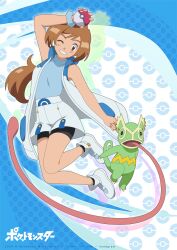  1girl arm_up bike_shorts bike_shorts_under_shorts black_socks brown_eyes brown_hair coat commentary creatures_(company) game_freak gen_3_pokemon grin highres holding holding_poke_ball kecleon leaning_to_the_side long_hair nintendo noelia_ponce one_eye_closed open_clothes open_coat original poke_ball poke_ball_(basic) poke_ball_symbol pokemon pokemon_(creature) scrunchie shirt shoes shorts smile socks teeth tongue watermark white_coat white_footwear white_shorts wrist_scrunchie 