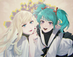  2girls aqua_hair black_bow blonde_hair blue_eyes blue_hair bow capelet char&#039;s_counterattack dress earrings gigi_andalusia gundam gundam_hathaway&#039;s_flash highres jewelry lipgloss long_hair looking_at_viewer multiple_girls pink_lips purple_eyes quess_paraya smile twintails uneven_twintails ususio_11 white_dress 