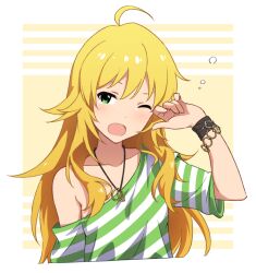  1girl ahoge amochin blonde_hair bracelet breasts green_eyes hoshii_miki idolmaster idolmaster_(classic) jewelry long_hair necklace off_shoulder one_eye_closed open_mouth rubbing_eyes shirt short_sleeves small_breasts solo striped_clothes striped_shirt tearing_up upper_body yawning  rating:General score:3 user:danbooru