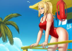  1girl absurdres against_railing baywatch beach blonde_hair blue_eyes blue_sky blush breasts cleavage cloud cross day echo_saber female_focus high_ponytail highres large_breasts against_railing legs lifeguard long_hair metroid nintendo one-piece_swimsuit outdoors palm_tree ponytail railing red_cross red_one-piece_swimsuit samus_aran sky smile solo summer sweat swimsuit thighs tree whistle whistle_around_neck  rating:Sensitive score:223 user:danbooru