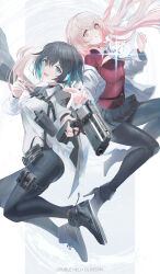  2girls :d absurdres ankle_boots aqua_eyes black_hair black_jacket black_skirt blue_hair boots colored_inner_hair commentary_request copyright_name double_helix_blossom finger_on_trigger gun handgun harness high_heel_boots high_heels highres holding holding_gun holding_weapon jacket jacket_on_shoulders long_hair looking_at_viewer multicolored_hair multiple_girls off_shoulder official_art open_mouth pants pantyhose pink_eyes pink_hair pouch revolver shinonome_kiku shirt shoes short_hair skirt smile sneakers swav thigh_pouch tsukisagari_kyo two-tone_hair weapon white_shirt 