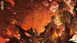  2boys 4girls animal_ears artist_request ball bare_shoulders burning burnt chain copyright_name dual_persona embers fire folding_screen fox fox_ears fox_girl fox_tail from_above fur-trimmed_kimono fur_trim glowing grey_flower grey_hair hair_ornament hair_stick highres indoors japanese_clothes kimono lantern long_hair looking_back multi-tied_hair multiple_boys multiple_girls multiple_tails off_shoulder official_art onmyoji painting_(object) paper_lantern people red_eyes red_kimono sanbi_no_kitsune scenery smile solo_focus standing tail tatami temari_ball wide_shot 