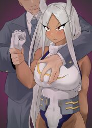  1boy 1girl arm_grab blush boku_no_hero_academia breasts brown_eyes embarrassed grabbing grabbing_another&#039;s_breast gradient_background horns large_breasts long_ears mirko muscular muscular_female pointy_ears red_eyes size_difference sweat white_hair  rating:Questionable score:1 user:xAkira