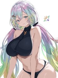  1girl bikini black_bikini breasts closed_mouth commentary cupitan_(granblue_fantasy) cupitan_(summer)_(granblue_fantasy) gradient_eyes gradient_hair granblue_fantasy hair_between_eyes hair_ornament hairclip highres hoshido1214 large_breasts long_hair looking_at_viewer low_twintails multicolored_eyes multicolored_hair rainbow_hair smile solo sports_bikini swimsuit twintails very_long_hair white_background 