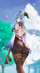  1girl absurdres ahoge ass ass_support back backless_outfit bare_shoulders black_leotard blue_hair blue_sky blurry blurry_background bodystocking bow breasts brown_pantyhose closed_mouth cloud commentary day detached_sleeves falling_petals fieryonion floating_hair from_behind ganyu_(genshin_impact) gazebo genshin_impact gloves goat_horns gold_trim highres horns leotard leotard_under_clothes light_particles looking_back low_ponytail medium_breasts outdoors pantyhose petals purple_eyes sky smile solo tassel thighlet tree 