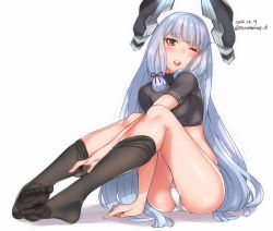 10s 1girl 2015 bad_id bad_pixiv_id brown_eyes clothes_pull feet feet_together gloves hair_ribbon highres kantai_collection kyuuso_inukami legs long_hair murakumo_(kancolle) no_pants no_shoes one_eye_closed panties pantyhose pantyhose_pull ribbon school_uniform silver_hair solo toes twitter_username underwear rating:Sensitive score:51 user:danbooru