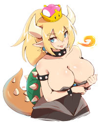  1girl armlet bare_shoulders black_dress blonde_hair blue_eyes blush bowsette bracelet breasts breathing_fire cleavage collar crown dress earrings fang female_focus fire highres horns jewelry large_breasts long_hair looking_at_viewer mario_(series) new_super_mario_bros._u_deluxe nintendo open_mouth pointy_ears simple_background smile sollyz solo spiked_armlet spiked_bracelet spiked_collar spiked_shell spiked_tail spikes super_crown sweat tail turtle_shell upper_body white_background  rating:Questionable score:30 user:BigStudBen