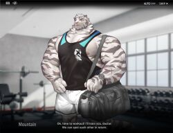  1boy abs animal_ears arknights bag bara black_shirt blue_eyes bottle bulge character_name commentary cross_scar duffel_bag english_commentary facial_scar furry furry_male gym highres kusu_(x_kusunagi_x) looking_at_viewer male_focus mountain_(arknights) multiple_scars muscular muscular_male nipples open_mouth paid_reward_available pectorals scar scar_across_eye scar_on_arm scar_on_cheek scar_on_chest scar_on_face shirt shorts sleeveless sleeveless_shirt tail talking tiger_boy tiger_ears tiger_stripes tiger_tail watch water_bottle white_shorts wristwatch 