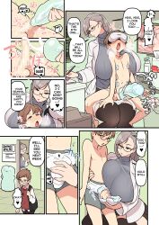  1boy 1girl absurdres age_difference ahegao artificial_vagina black_thighhighs blue_eyes blush breasts brown_eyes brown_hair censored chastity_belt clinic cum cum_in_container doctor ejaculation english_text glasses grey_hair handjob head-mounted_display highres huge_breasts kakuzatou_(satousatotototo) lab_coat mosaic_censoring onee-shota original penis sex_toy shota size_difference sweater thighhighs third-party_edit translated turtleneck turtleneck_sweater virtual_reality writing  rating:Explicit score:99 user:hbk66778