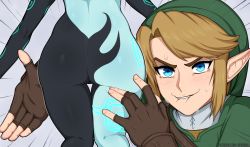 1boy 1girl afrobull artist_name ass ass_focus bad_id bad_pixiv_id blonde_hair blue_eyes blush brown_gloves emphasis_lines fingerless_gloves gloves grey_background light_blush link looking_at_viewer lower_body midna nintendo patreon_username pointy_ears simple_background smile sweat the_legend_of_zelda the_legend_of_zelda:_twilight_princess thigh_grab v-shaped_eyebrows rating:Sensitive score:470 user:danbooru