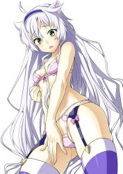  1girl absurdres ahoge animal_ears artist_name blue_hairband blush bow bow_bra bra breasts covering_privates covering_crotch cowboy_shot eudetenis fang garter_straps gluteal_fold green_eyes hair_between_eyes hairband highres lingerie long_hair looking_at_viewer medium_breasts open_mouth panties pink_bow pink_bra pink_panties rokudenashi_majutsu_koushi_to_akashic_record silver_hair simple_background sistine_fibel solo strap_gap thighhighs underwear underwear_only very_long_hair white_background  rating:Questionable score:66 user:danbooru