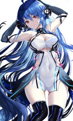 1girl absurdres age_fx ahoge armpits arms_up azur_lane bare_shoulders black_gloves black_thighhighs blue_hair breasts chinese_commentary cleavage closed_mouth clothing_cutout commentary_request covered_navel cowboy_shot dress elbow_gloves gloves gluteal_fold hair_between_eyes hair_ornament headgear helena_(azur_lane) helena_(meta)_(azur_lane) highres long_hair looking_at_viewer lying medium_breasts mixed-language_commentary on_back partial_commentary pelvic_curtain red_eyes searchlight side_cutout sidelocks skindentation sleeveless sleeveless_dress smile solo thighhighs thighs underboob underboob_cutout very_long_hair waist_cape white_dress zettai_ryouiki rating:Sensitive score:26 user:danbooru