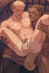  2boys bara black_hair blonde_hair blush boots bulge dreamplpe dungeon_meshi erection erection_under_clothes fundoshi highres imminent_anal imminent_penetration japanese_clothes laios_touden large_pectorals male_focus male_underwear multiple_boys muscular muscular_male open_mouth paid_reward_available pectorals short_hair smile underwear white_male_underwear yaoi zon_(dungeon_meshi) 