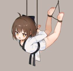  1girl ahoge barefoot bdsm belt black_belt black_bow bondage bound bound_legs bound_wrists bow bright_pupils brown_eyes brown_hair chinese_commentary commentary_request dougi feet full_body grey_background hair_bow highres kuma-bound loli martial_arts_belt original pussy_juice shibari simple_background soles solo suspension tearing_up toes torn_clothes white_pupils 