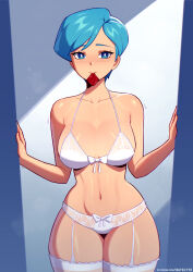 1girl absurdres artist_name blue_eyes blue_hair bra breasts bulma condom condom_in_mouth cowboy_shot doorway dragon_ball dragon_ball_super dragonball_z highres lace lingerie looking_at_viewer mature_female medium_breasts mouth_hold navel panties pov_doorway satelyte short_hair simple_background smile solo thick_thighs thighs underwear underwear_only white_bra white_panties rating:Questionable score:135 user:danbooru