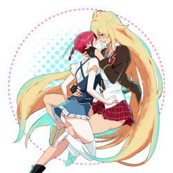  10s 2girls bits_(damoshi) blazer blonde_hair blush boots braid breasts couple closed_eyes fingerless_gloves gloves hand_on_another&#039;s_face holding hug imminent_kiss jacket large_breasts long_hair looking_at_another miniskirt multiple_girls necktie panties pantyshot red_hair school_uniform shikishima_mirei shoes simple_background size_difference skirt smile sneakers tan thighhighs tokonome_mamori twin_braids underwear valkyrie_drive valkyrie_drive_-mermaid- very_long_hair white_background yuri  rating:Sensitive score:19 user:danbooru