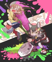 2girls absurdres animal_ears black_hair bone_hair_ornament cosplay dog_ears dog_girl dog_tail fang fangs grin hair_ornament highres hololive hood inkling inkling_(cosplay) inkling_girl inkling_player_character inugami_korone inugami_korone_(1st_costume) jacket mask multicolored_hair multiple_girls nintendo ookami_mio ookami_mio_(1st_costume) open_mouth paint_roller paint_splatter pleated_skirt red_hair sandals skin_fangs skirt smile socks tail thighhighs two-tone_hair virtual_youtuber wolf_ears wolf_girl wolf_tail yellow_jacket yoshida_on