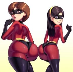  2girls ass ass-to-ass ass_press back black_footwear black_gloves black_hair bodysuit boots brown_hair cowboy_shot elastigirl female_focus from_behind gloves gradient_background huge_ass looking_at_viewer mature_female mother_and_daughter multiple_girls non-web_source petite stretching the_incredibles thigh_boots toon_(style) violet_parr yellow_background  rating:Sensitive score:86 user:danbooru