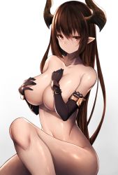 10s 1girl bad_id bad_twitter_id black_gloves blush breasts brown_hair covering_privates covering_breasts draph elbow_gloves forte_(shingeki_no_bahamut) gloves granblue_fantasy highres horns large_breasts long_hair looking_at_viewer nude pointy_ears red_eyes shingeki_no_bahamut simple_background sitting snm_(sunimi) solo white_background rating:Questionable score:98 user:danbooru