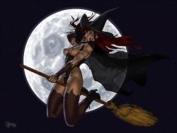 breastless_clothes breasts broom broom_riding corset covered_erect_nipples flying halloween hat highres long_hair moon red_hair smile thighhighs witch witch_hat  rating:Questionable score:3 user:Dayner