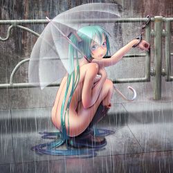  1girl aqua_hair ass back bdsm blue_hair blush boots breasts bullying cuffs female_focus full_body gradient_hair handcuffs hatsune_miku knee_boots loli long_hair looking_at_viewer looking_back medium_breasts multicolored_hair nail_polish nude open_mouth outdoors public_indecency public_nudity purple_eyes rain rubber_boots see-through solo squatting transparent transparent_umbrella twintails umbrella very_long_hair vocaloid wokada  rating:Questionable score:483 user:danbooru