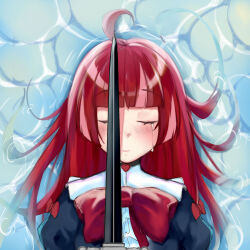  1girl black_dress blush bow closed_eyes crying dress highres holding holding_sword holding_weapon hololive hololive_indonesia kureiji_ollie large_bow le-lize long_hair lying_on_water multicolored_hair olivia_(kureiji_ollie) pink_hair red_bow red_hair streaked_hair sword tears virtual_youtuber weapon 