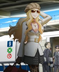  1girl 2boys blonde_hair breasts cleavage hand_on_head hat irina_jelavic jacket jewelry multiple_boys open_clothes open_shirt screencap stitched tagme third-party_edit unbuttoned  rating:Sensitive score:24 user:JHJlegacy109