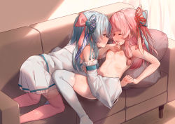  2girls absurdres blue_hair breasts couch detached_sleeves hair_ornament highres holding_hands incest interlocked_fingers kotonoha_akane kotonoha_aoi long_hair looking_at_another masanaga_(tsukasa) multiple_girls nipples nude on_couch pink_eyes pink_hair pink_legwear shirt siblings sisters skirt small_breasts thighhighs voiceroid white_legwear white_shirt white_skirt yuri  rating:Questionable score:53 user:danbooru