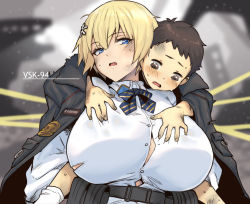 1boy 1girl absurdres arms_behind_back black_jacket blonde_hair blue_eyes blue_neckwear blurry blurry_background blush bow bowtie breasts brown_eyes brown_hair buckle button_gap carrying character_name child_carry collared_shirt commentary_request gigantic_breasts girls&#039;_frontline grabbing grabbing_another&#039;s_breast hair_between_eyes hair_ornament highres huge_breasts jacket jacket_on_shoulders long_sleeves looking_at_another magazine_(weapon) neck_ribbon no_mole open_mouth piggyback ribbon shirt short_hair shota sidelocks snap-fit_buckle snowflake_hair_ornament socks standing striped_bow striped_bowtie striped_clothes striped_neckwear sweat tearing_up teeth torn_clothes torn_jacket torn_shirt underbust upper_body upper_teeth_only vsk-94_(girls&#039;_frontline) white_legwear white_shirt whoosaku rating:Questionable score:60 user:danbooru
