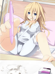 1girl :o amputee bandages barefoot bed between_toes blonde_hair blue_eyes drawing eraser feet holding_with_feet hospital_bed intravenous_drip leg_up long_hair mazeshi oekaki_musume open_mouth original pajamas pencil sitting soles solo toes rating:Sensitive score:30 user:danbooru