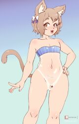  1boy animal_ears bare_shoulders blue_background blue_ribbon bow brown_hair cat_boy cat_ears felix_argyle gradient_background hair_bow hand_on_own_hip male_focus navel open_mouth orange_eyes ribbon short_hair small_penis smile solo stomach tail thick_thighs thighs third-party_edit trap white_bow 