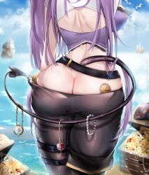  1girl ass ass_focus breasts butt_crack captain_hannah indie_virtual_youtuber large_breasts long_hair purple_hair solo tail treasure_chest very_long_hair  rating:Questionable score:10 user:Persona22