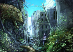  1girl day koruse monster original outdoors overgrown post-apocalypse ruins scenery school_uniform solo  rating:General score:9 user:danbooru