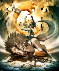 1boy 1girl abstract_background blue_eyes chain claws cuffs earrings epic fantasy genzoman helmet jewelry link midna nintendo prehensile_hair red_eyes revision shackles signature smile teeth the_legend_of_zelda the_legend_of_zelda:_twilight_princess wolf wolf_link rating:Sensitive score:20 user:vlbt3raz