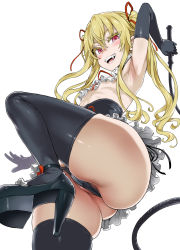 1girl armpits asanagi ass black_panties black_thighhighs blonde_hair blush bow colored_eyelashes fangs flat_chest from_below gloves gluteal_fold grin high_heels highres looking_at_viewer open_mouth original panties partially_visible_vulva red_eyes simple_background skindentation smile solo standing standing_on_one_leg thighhighs underwear whip white_background rating:Questionable score:183 user:danbooru
