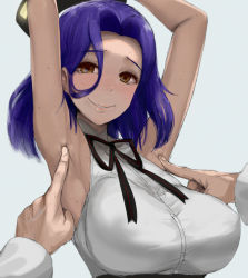 1girl armpits arms_up breasts brown_eyes buttons covered_erect_nipples grey_background halo highres kantai_collection kusaka_souji large_breasts mechanical_halo open_mouth purple_hair short_hair simple_background smile solo_focus sweat tatsuta_(kancolle) tickling tickling_armpits rating:Sensitive score:58 user:danbooru