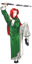 1girl absurdres china_dress chinese_clothes dress green_dress highres holding holding_weapon hong_meiling keine_(kokoronokoibito) kung_fu long_hair martial_arts red_hair sword touhou weapon